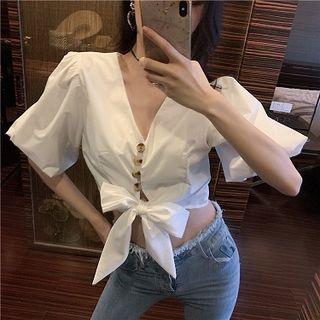 V-neck Lace-up Short-sleeve Blouse