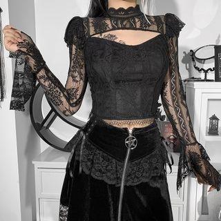 Bell-sleeve Mock-neck Cutout Lace Crop Top