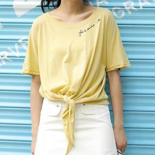 Letter Embroidered Tie Waist Short Sleeve T-shirt