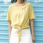 Letter Embroidered Tie Waist Short Sleeve T-shirt