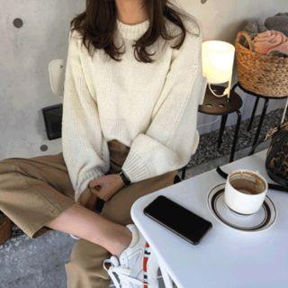 Balloon-sleeve Perforated Knit Top