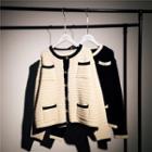 Round-neck Color-block Knitted Cardigan With Front Pocket