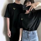 Short-sleeve Moon Embroidery T-shirt Black - One Size