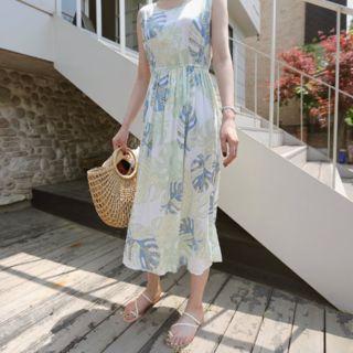 Foliage Pattern Gathered-waist Long Dress Green - One Size