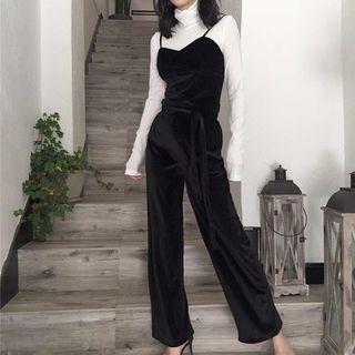 High Neck Long-sleeve T-shirt / Set: Velvet Camisole Top + Wide Leg Pants