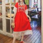 Short-sleeve Bird Embroidered Lace Trim Midi A-line Dress
