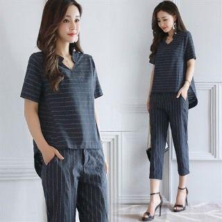 Set: Short-sleeve Striped Top + Cropped Pants