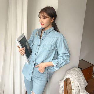 Pointy-pocket Washed Denim Shirt Light Blue - One Size