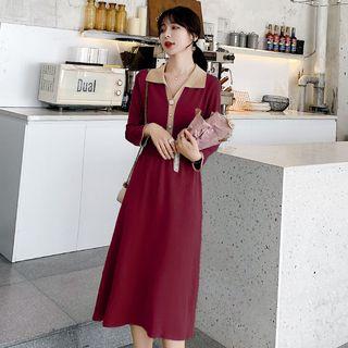 Contrast Collar A-line Midi Knit Dress