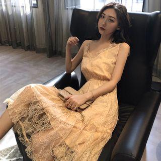 Lace Trim Spaghetti Strap Midi A-line Dress