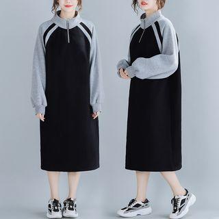 Panel High-neck Lantern-sleeve Sweatshirt Dress Black &gray - F