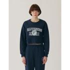 Letter Cropped Sweatshirt Navy Blue - One Size