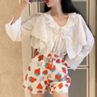 Bell-sleeve Lace Trim Top / Strawberry Print Shorts / Set
