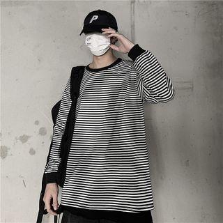Long-sleeve Contrast Trim Striped T-shirt