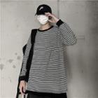 Long-sleeve Contrast Trim Striped T-shirt