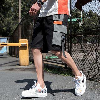 Buckle Strap Color Block Cargo Shorts