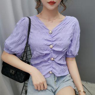 Short-sleeve Textured Embellished Crop Top