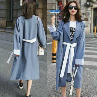 Contrast Waist-belt Open Front Long Jacket