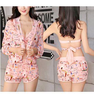 Set: Bikini + Print Swim Shorts + Hooded Cover-up