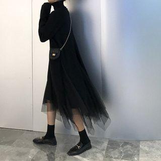 Front-slit Turtleneck Long-sleeve T-shirt / Mesh Midi A-line Skirt / Set