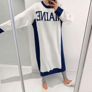 Lettered Contrast-trim Long Knit Dress