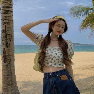 Puff-sleeve Floral Print Crop Top Blue Floral - White - One Size