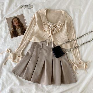 Ribbon Knit Top / Pleated Skirt / Camisole Top / Set