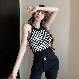 Checkerboard Halter Knit Top Check - White & Black - One Size