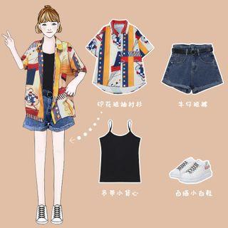 Print Short-sleeve Shirt / Camisole Top / Denim Shorts