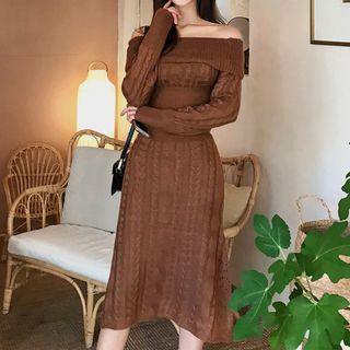 Long-sleeve Off Shoulder Midi Knit Dress Dark Brown - One Size