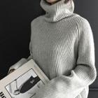 High-neck Raglan-sleeve Rib-knit Sweater