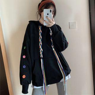 Rainbow Drawstring Buttoned Hoodie