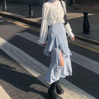 Drawstring Blouse / Long-sleeve Top / Asymmetrical Midi A-line Denim Skirt