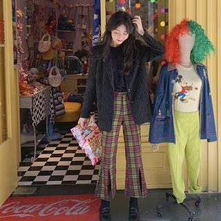 Striped Blazer / Plaid Cropped Boot-cut Pants