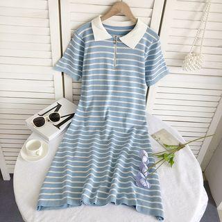 Short-sleeve Polo Neck Striped Knit A-line Dress
