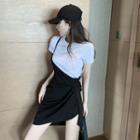 Set: Plain T-shirt + Asymmetric Jumper Mini Dress Black & White - One Size