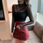 Long-sleeve Mesh Top / Zip Detail Mini A-line Skirt