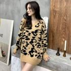 V-neck Leopard Print Loose-fit Sweater Dress Sweater - Leopard - One Size