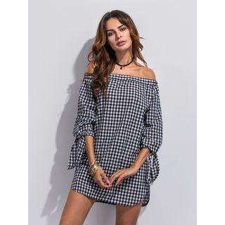 Plaid Off Shoulder 3/4 Sleeve Dress