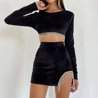 Set: Long Sleeve Tassels Top + Skirt