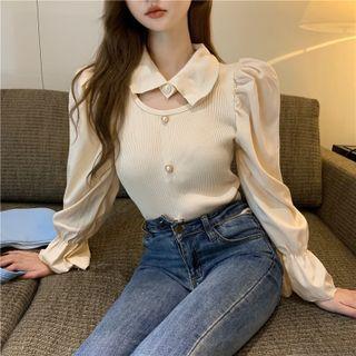 Puff Shoulder Bell-sleeve Pearl-accent Ribbed Top