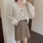 Cable-knit Cardigan / Faux Leather Mini A-line Skirt