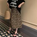 High Waist Leopard Print Midi A-line Skirt