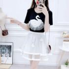 Short-sleeve Embellished T-shirt / Mini A-line Mesh Skirt / Set