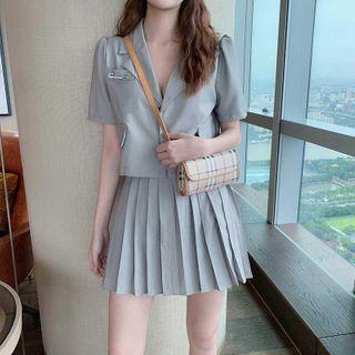Set: Short-sleeve Open-collar Shirt + Pleated A-line Mini Skirt