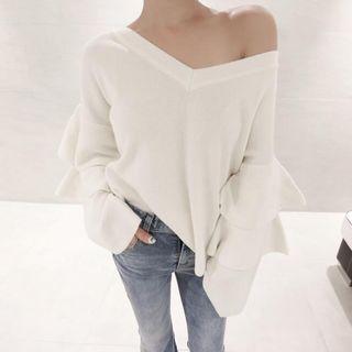 V-neck Layered Bell-sleeve Knit Top