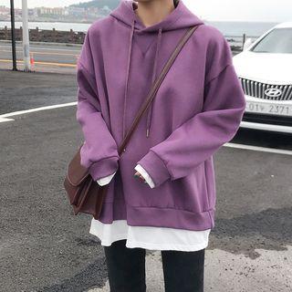 Mock Two-piece Plain Hooded Fleece-lined Sweatshirt