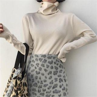 Turtle-neck Plain Knit Top Ivory - One Size