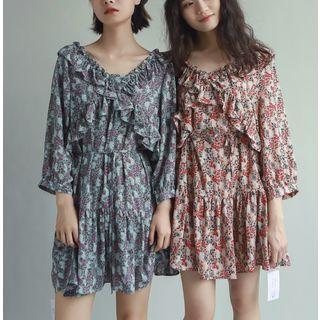 3/4-sleeve Ruffled Floral A-line Mini Dress Floral - Black - One Size