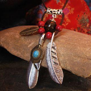 Alloy Feather Ceramic Bead Pendant Necklace 3 Leaves - Coffee - One Size